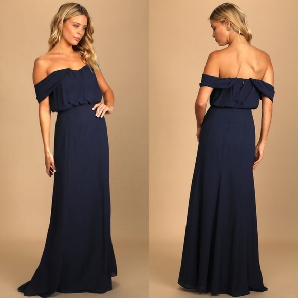 Lulus Elegant Navy Off-Shoulder Maxi Dress - Picture 1 of 7